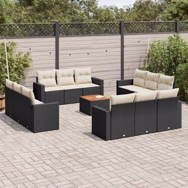 vidaXL Set Divani da Giardino 13pz in Polyrattan con Cuscini Nero e Bianco a Forma di U