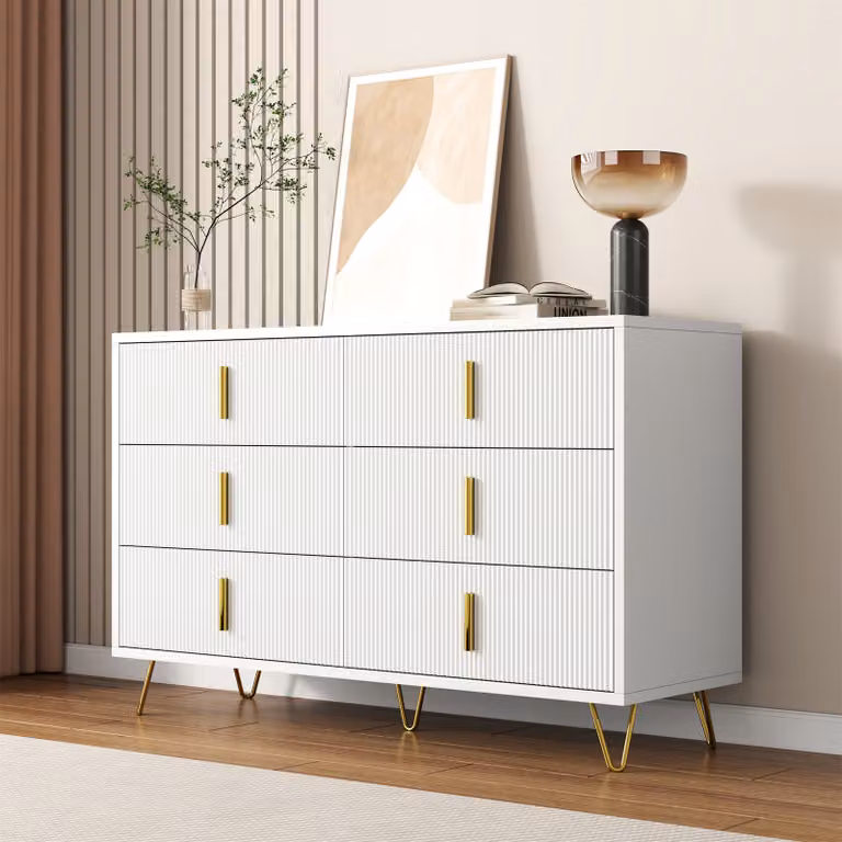 MODFU Armadio da cucina con cassetti, mobile buffet con maniglie dorate per soggiorno, camera da letto, camera dei bambini, camera degli studenti e ufficio, Bianco