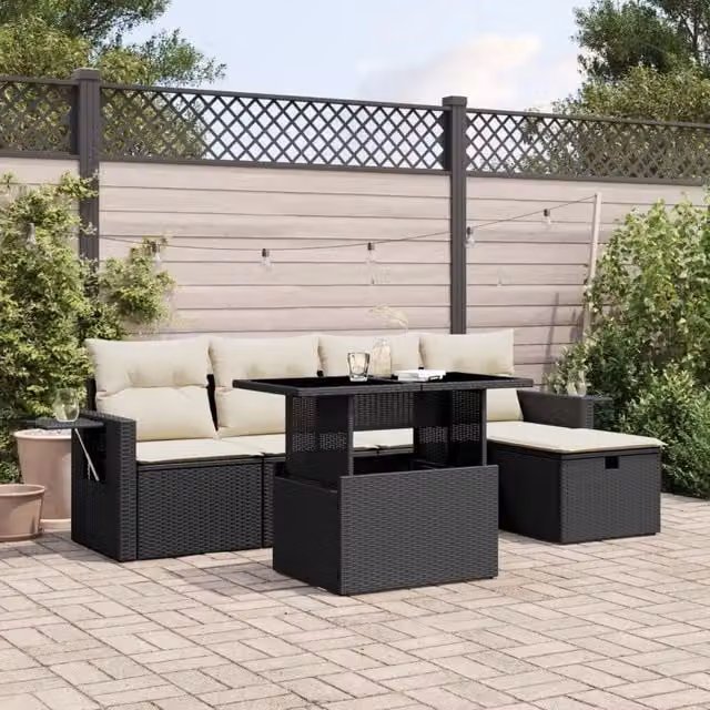 Set Divano da Giardino a L vidaXL in Polyrattan Nero con 6 Pezzi e Cuscini Imbottiti
