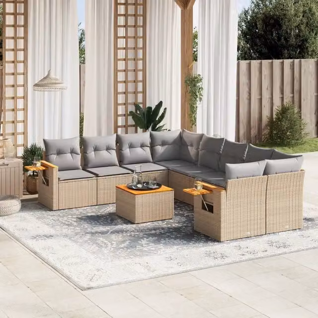Set Divano da Giardino VIDAXL a Forma a U in Polyrattan con Cuscini Beige, 9 Pezzi
