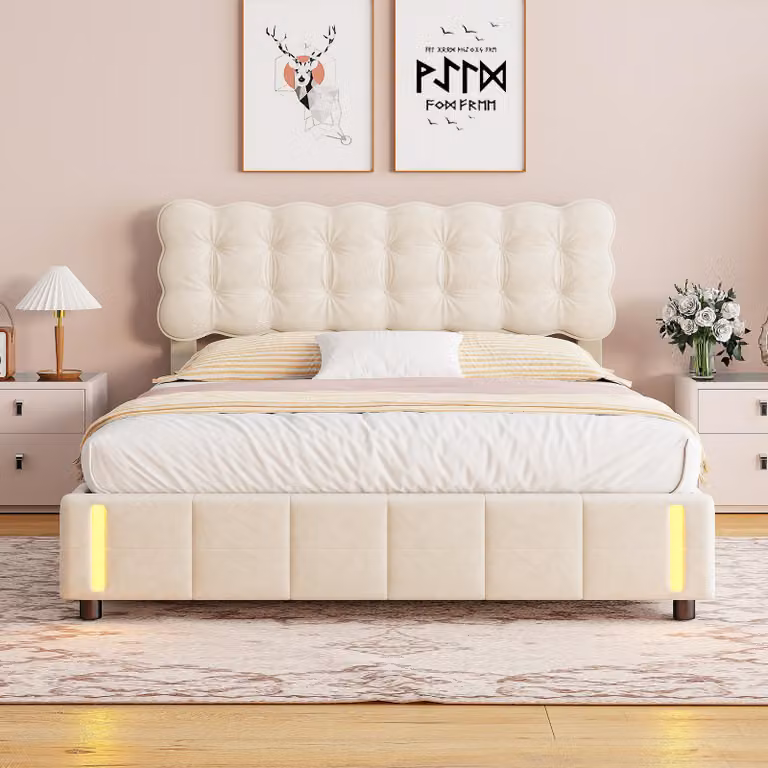 Letto matrimoniale 140x190 cm, letto matrimoniale in velluto beige, base a molle insacchettate, ampio spazio per riporre oggetti, testata imbottita, luce LED, design moderno