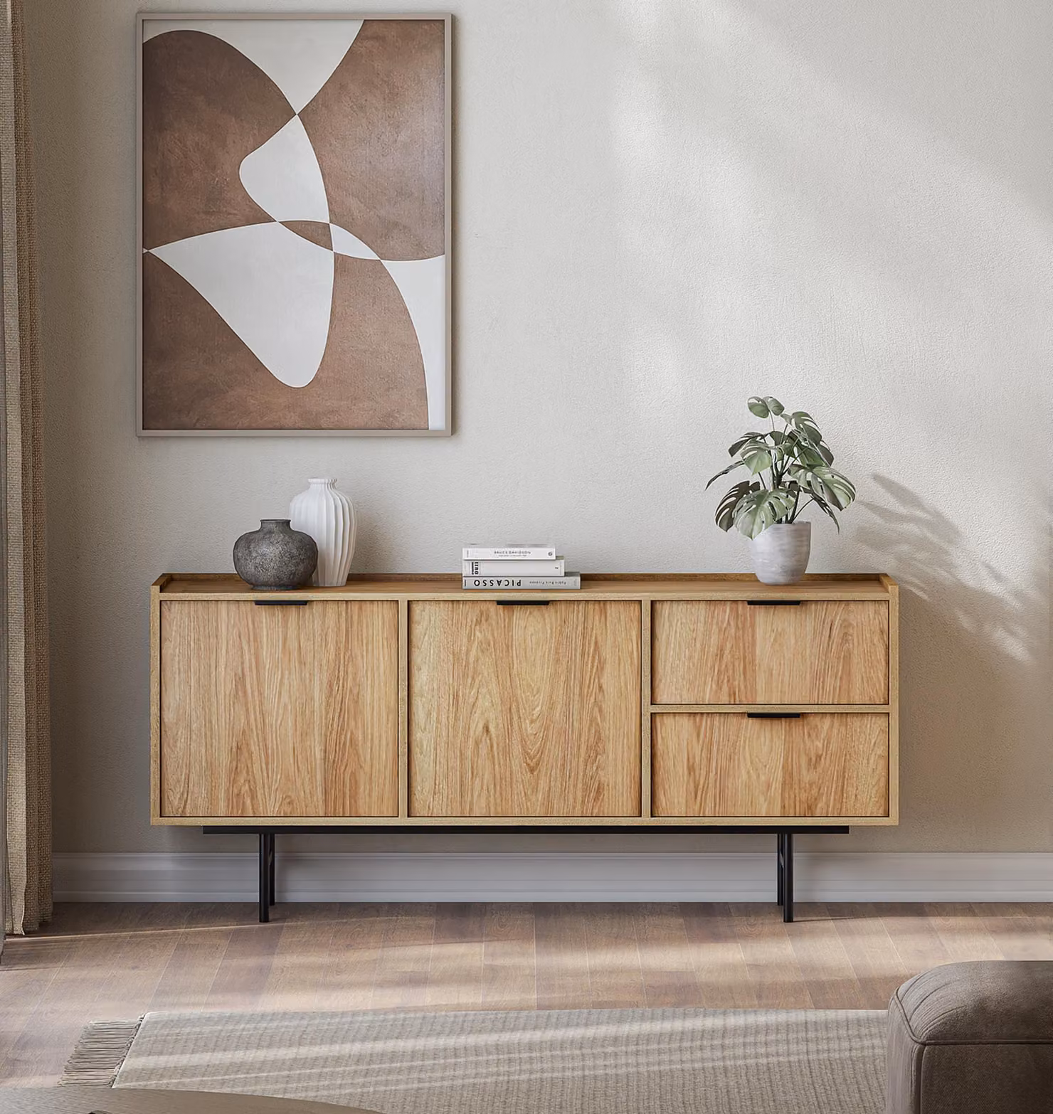 AX LIVING Comodino Nordiva con cassetto da 150 cm, credenza in legno Hikora Natur