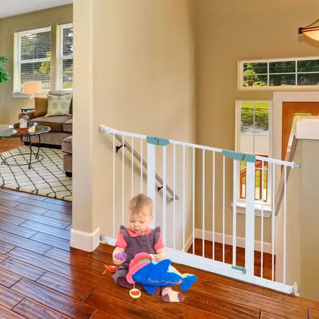 Barriera di sicurezza estensibile in metallo bianco con apertura bidirezionale e doppia chiusura per porte e scale, L: 80-120 cm, H: 76 cm – 1