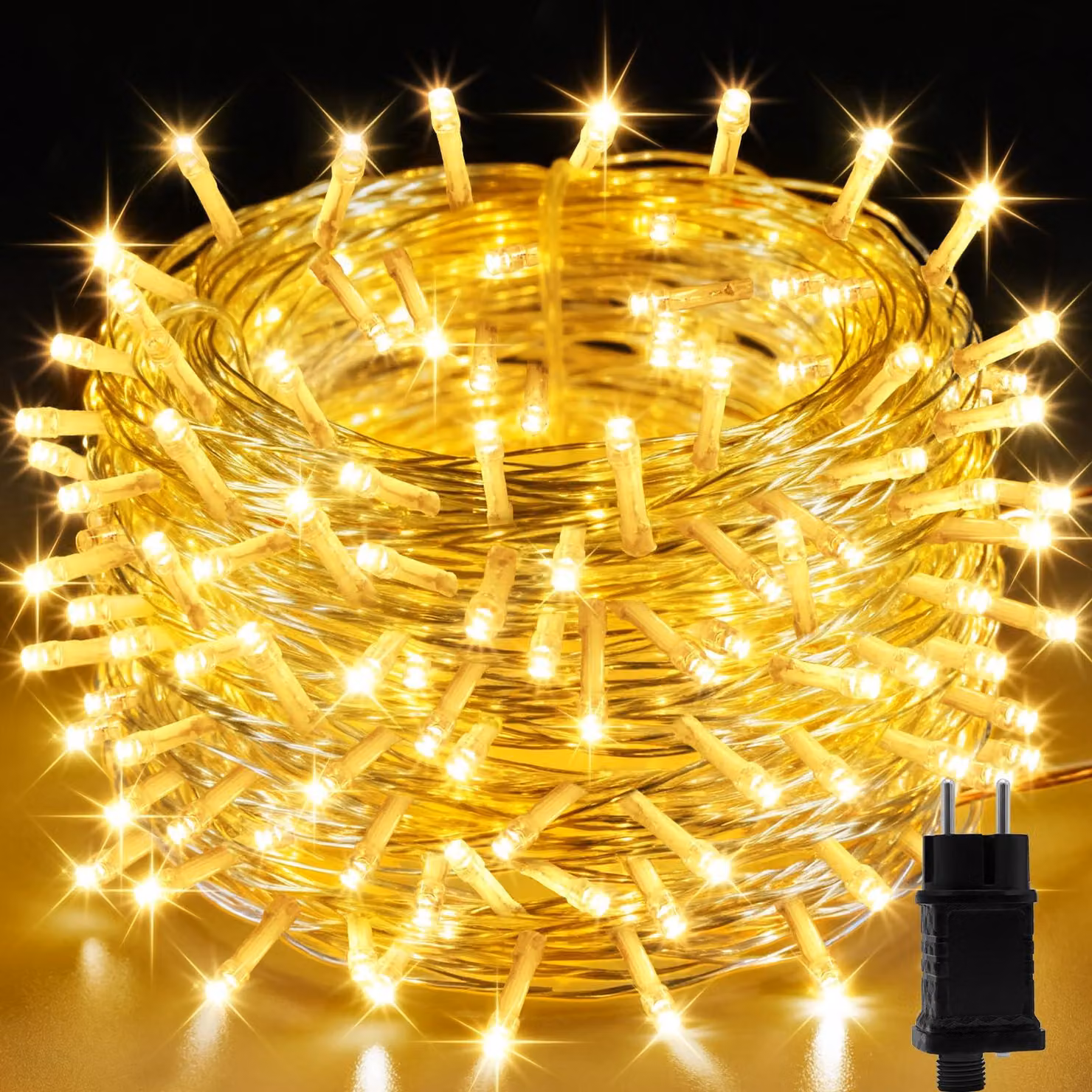 Catena luminosa con 300 LED, lunghezza 33 metri, luce bianca calda, alimentazione a corrente continua 31V, 8 programmi