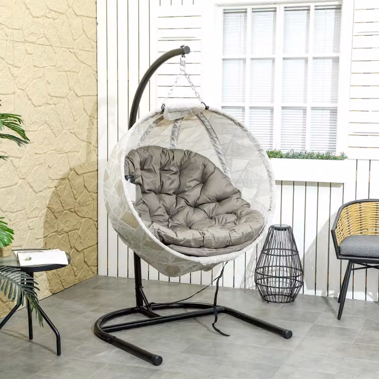 Sedia a dondolo sospesa a forma di uovo, ideale per l'esterno - Sedia a dondolo da giardino gialla con portabicchieri e cuscino