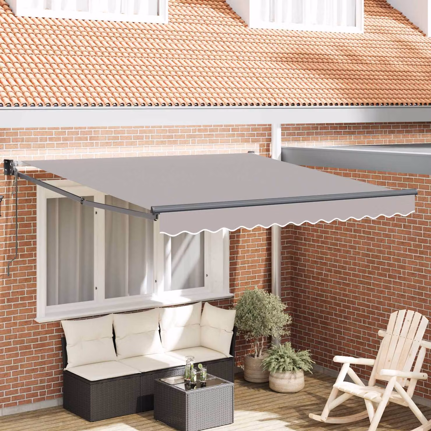 Tenda retrattile vidaXL in alluminio e poliestere Grigio Chiaro con bracci pieghevoli e manovella, montaggio a parete, L: 300 cm, P: 250 cm, H: 165 cm