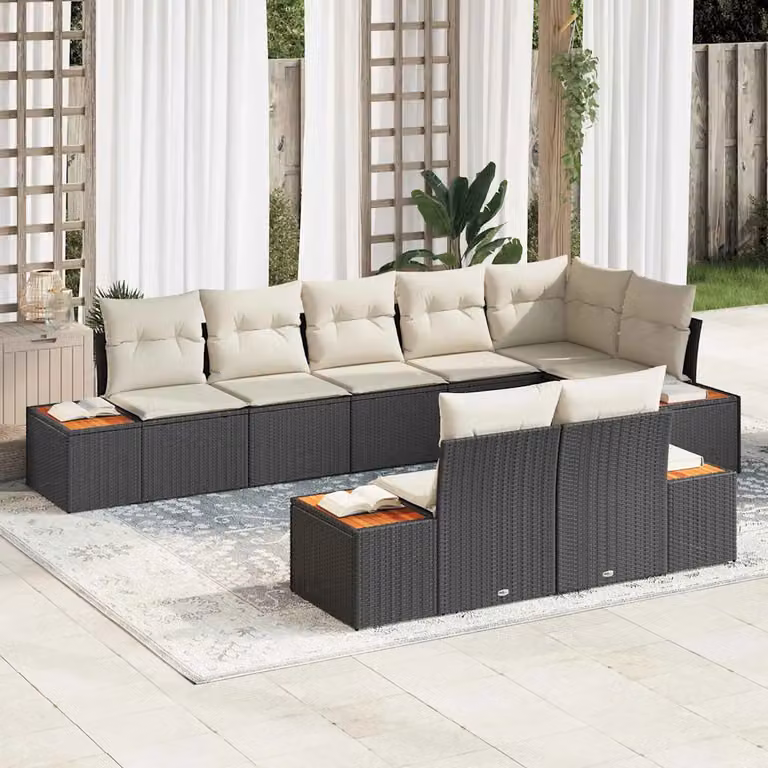 Set Divano da Giardino 8 Posti vidaXL con Tavolino e Cuscini, Design Moderno a L, Colore Nero e Beige