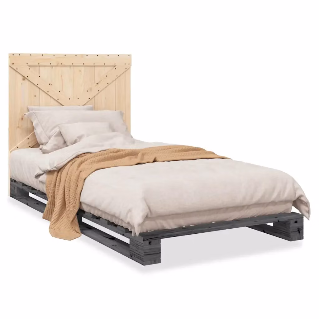 Giroletto con Testiera vidaXL in Legno Massello di Pino, Grigio, L/P: 100 x 200 cm – 2