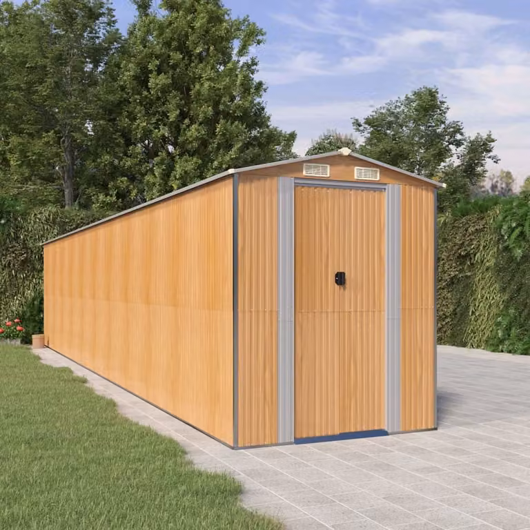 Capanno da giardino vidaXL in acciaio zincato marrone chiaro con porta scorrevole e ventilazione laterale L/P/H: 938 x 192 x 223 cm