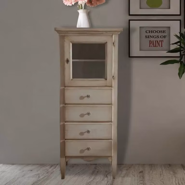 Vetrina Mobili 2G in legno con 1 anta in vetro e 4 cassetti in stile shabby chic bianco decapè L: 90 cm, P: 45 cm, H: 120 cm