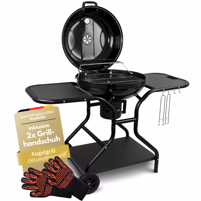 deluxe4home® Barbecue a sfera Ø 55 cm con ripiano I Carrello per barbecue con ruote e coperchio I Barbecue a carbonella, barbecue rotondo per carbonella