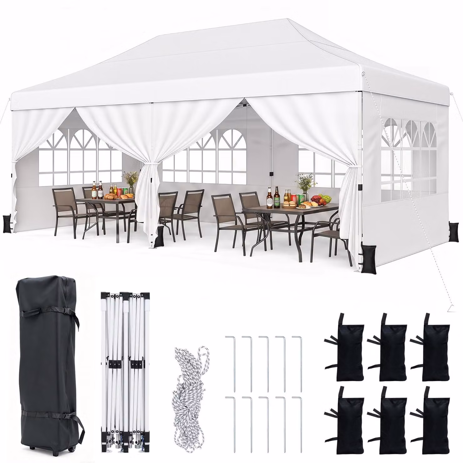 Gazebo pieghevole COSTWAY 3x6 m con 4 pareti laterali, gazebo da giardino regolabile in altezza, gazebo pop-up con 6 sacchi di sabbia e borsa con rotelle, gazebo per feste bianco