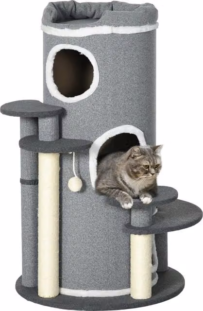 Set di 2 alberi grattatori per gatti PawHut con 4 aree riposanti e 4 tiragraffi, L/P/H: 57 x 57 x 99 cm, Grigio e Bianco