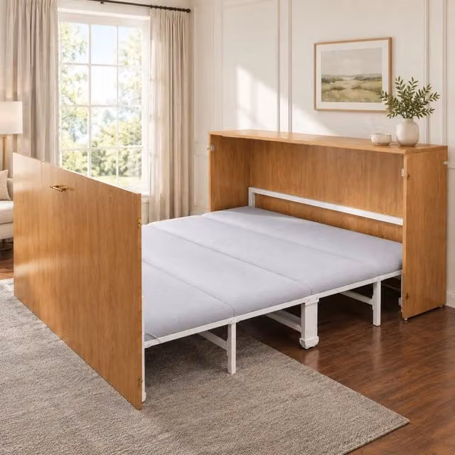 Letto matrimoniale a scomparsa 140 × 200 cm con materasso in lino struttura in legno e metallo color legno