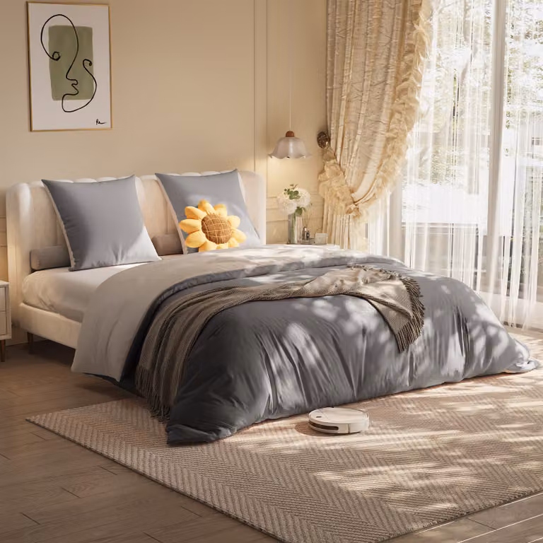 Set 4 pezzi di biancheria da letto in poliestere, 140 x 200 cm, fantasia a quadri in cotone, resistente alle pieghe e allo sbiadimento - Grigio