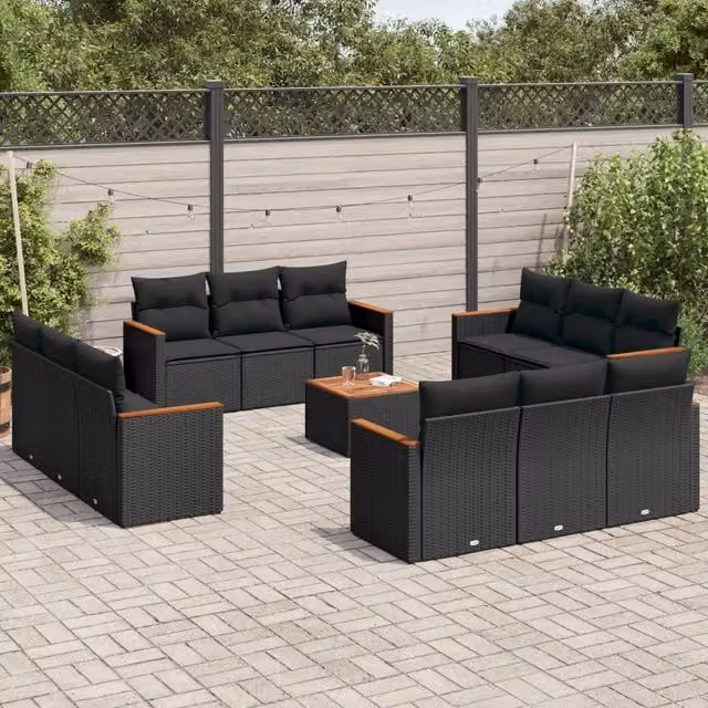 Set di Divani da Giardino vidaXL in Polyrattan Nero con Cuscini e Tavolino da Esterno a Forma di U