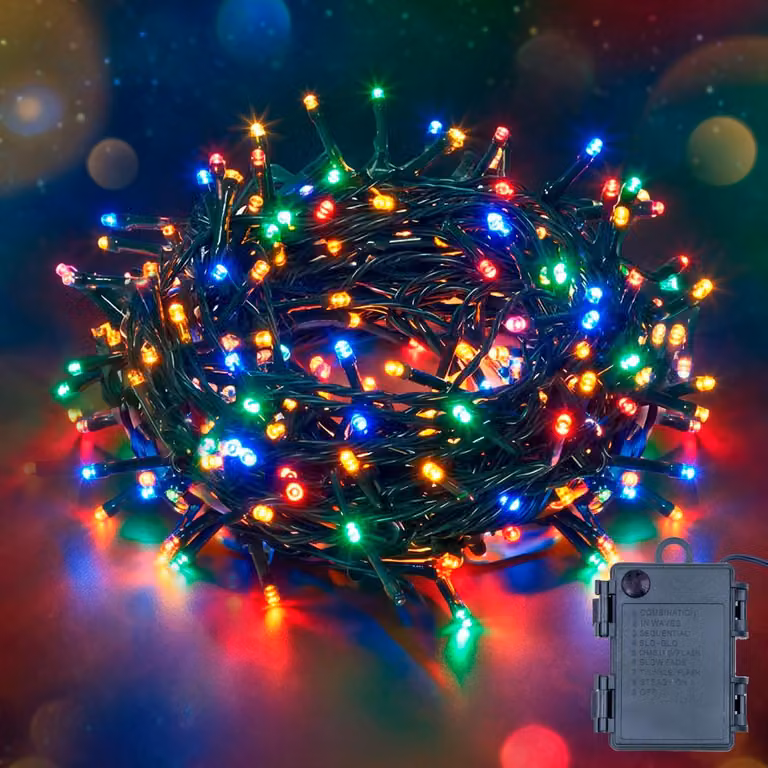 Catena luminosa a LED, 100 LED, 9,9 metri, alimentata a batteria, 8 modalità
