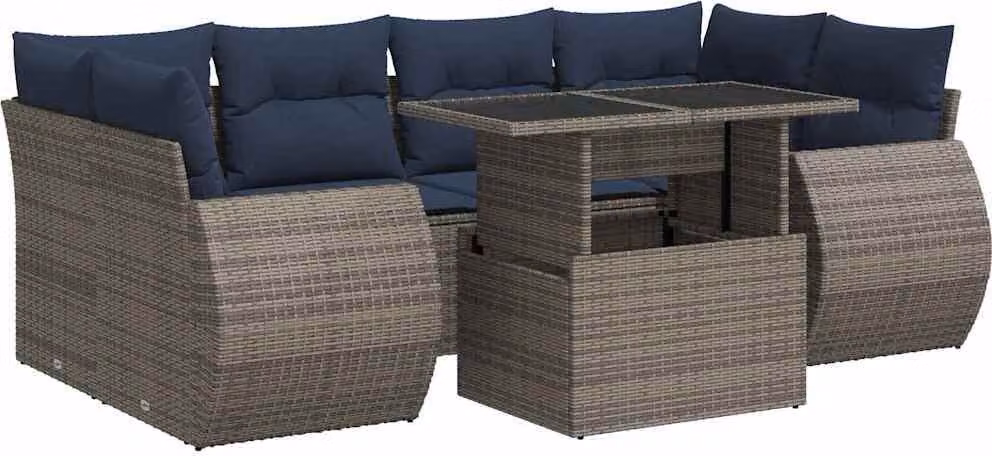 Set Divani da Giardino 7pz con Cuscini Grigio Polyrattan Acacia