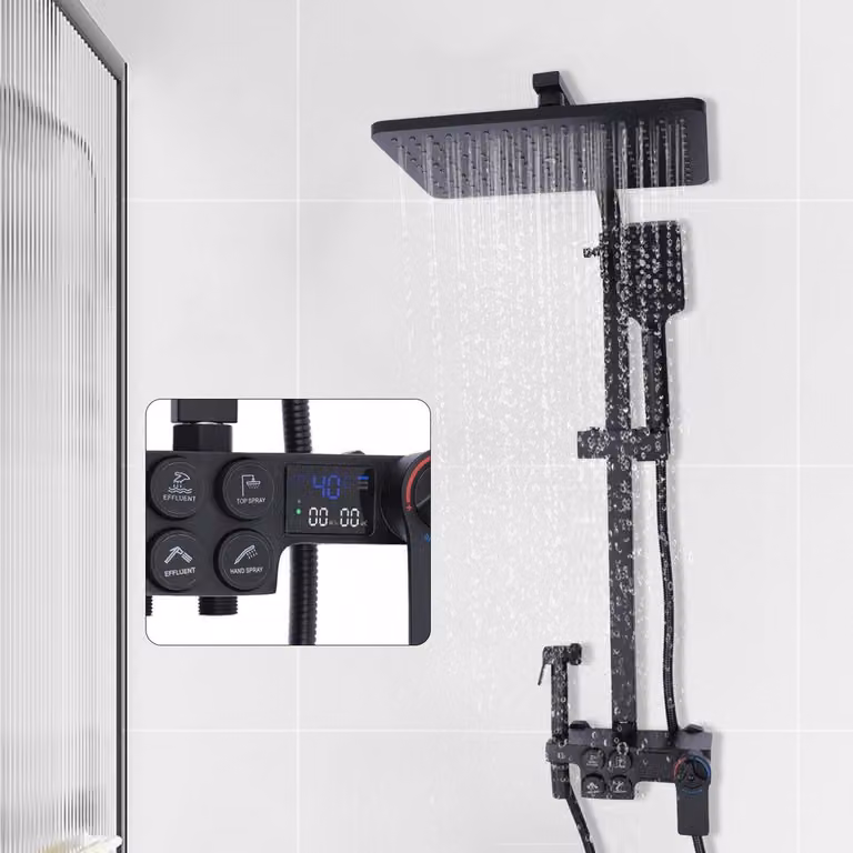 Set doccia termostatico - Nero - Display LED - Altezza regolabile - Acciaio inossidabile - Montaggio a parete