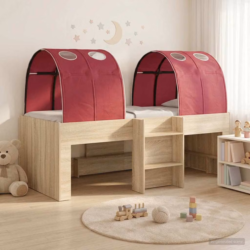 Letto per bambini con tunnel vidaXL in legno Rovere Sonoma e Rosso, L/P/H: 203 x 120 x 68,5 cm