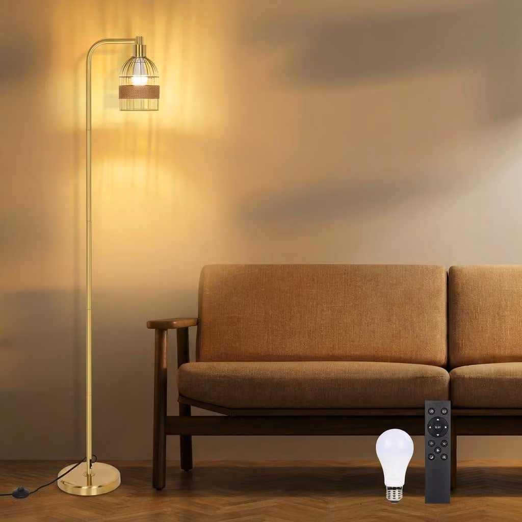 Lampada da terra dorata da soggiorno, lampada ad arco da 170 cm con paralume in lino e interruttore a pedale, con lampadina LED E27 dimmerabile, lampada da lettura moderna da camera da letto