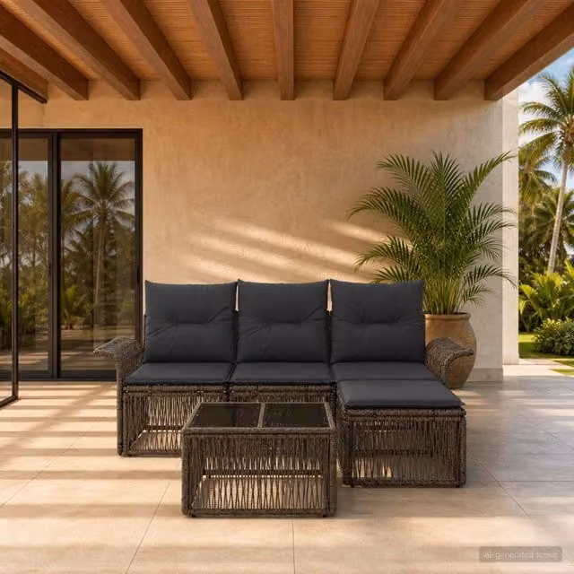 Set Divano da Giardino a L vidaXL Grigio con Tavolino e Pouf in Polyrattan e Acciaio – 1