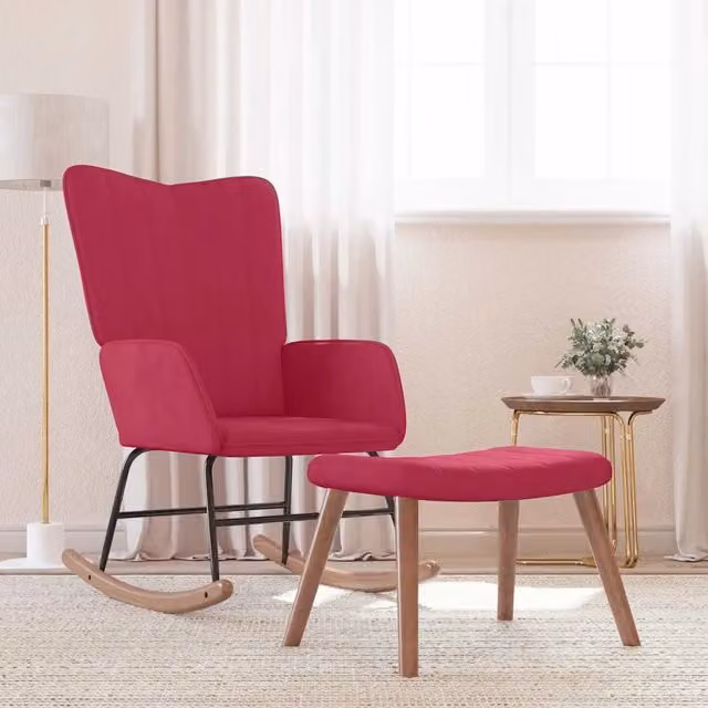Poltrona a dondolo relax con poggiapiedi in velluto rosso vino e struttura moderna – 1