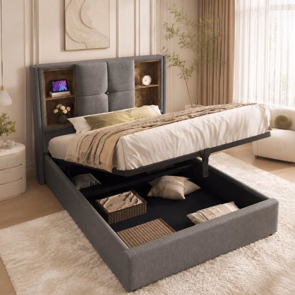 Letto Contenitore REDOM Grigio con Ricarica USB-C e Ripiano Integrato L/P/H: 90 x 200 x 100,5 cm – 2