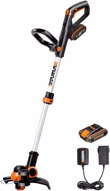 Tagliabordi decespugliatore a batteria Worx WG163E 20V PowerShare arancione con 2 batterie da 2Ah e asta telescopica in alluminio, diametro di taglio 30 cm