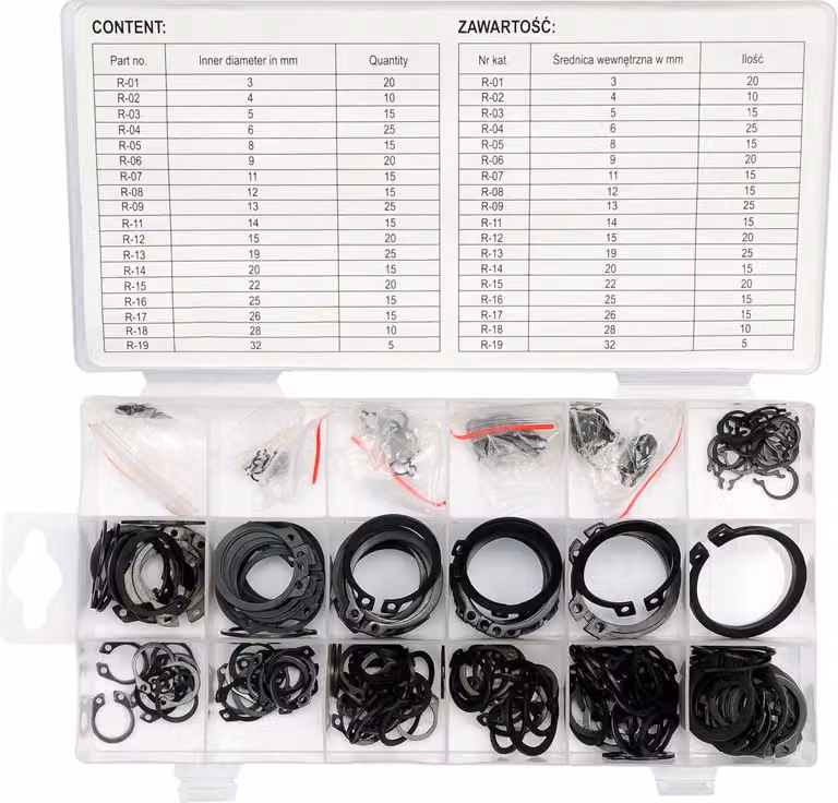 Assortimento di anelli elastici – Set da 300 pezzi in contenitore, Ø3–32 mm, acciaio al manganese, DIN 471/472