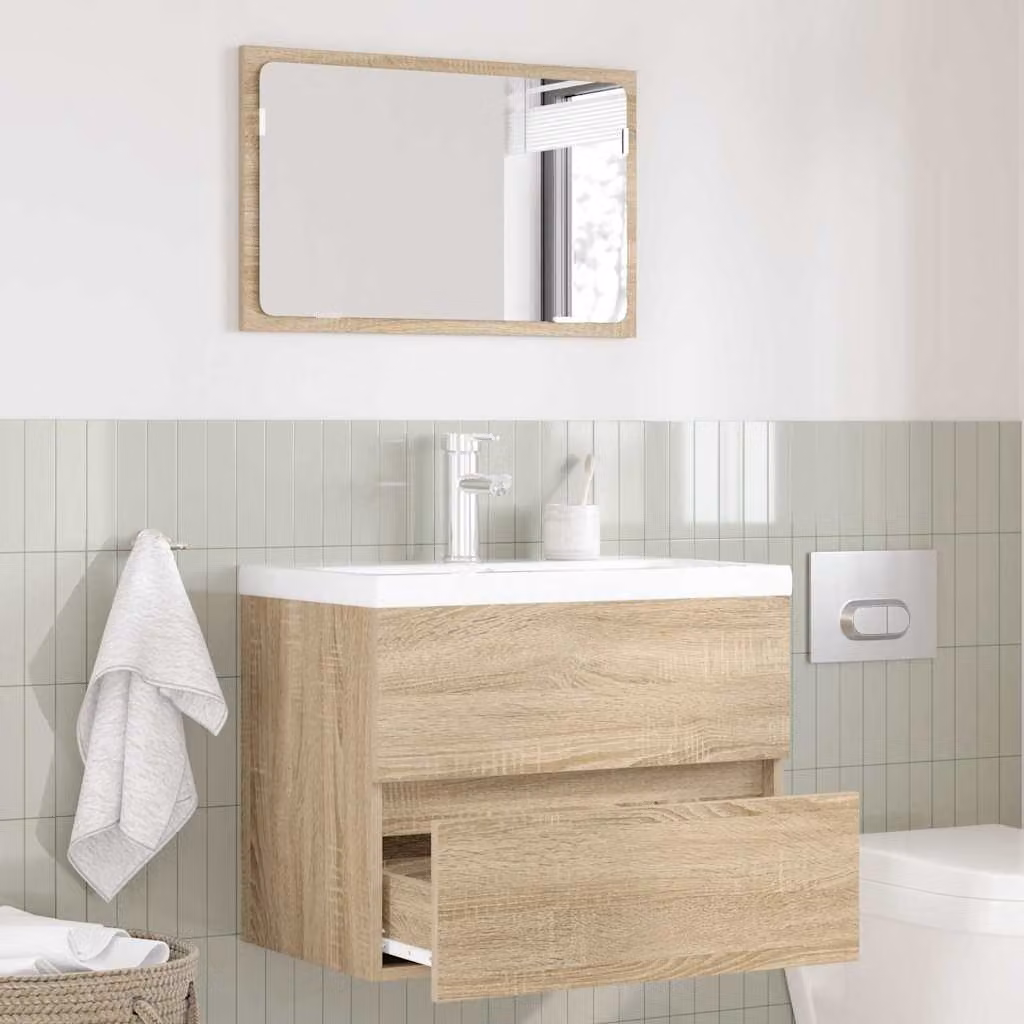 Set di mobili da bagno moderni vidaXL in legno MDF color rovere con mobile sottolavabo e armadietto con specchio a parete