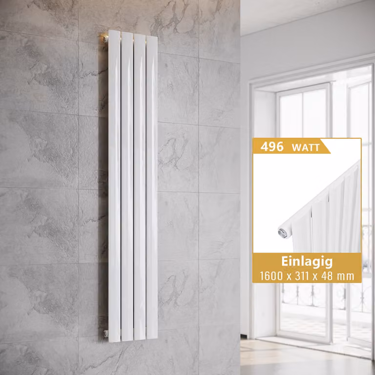 SONNI Radiatore verticale di design a pannello, monostrato, bianco, 1600×311 mm, senza resistenza