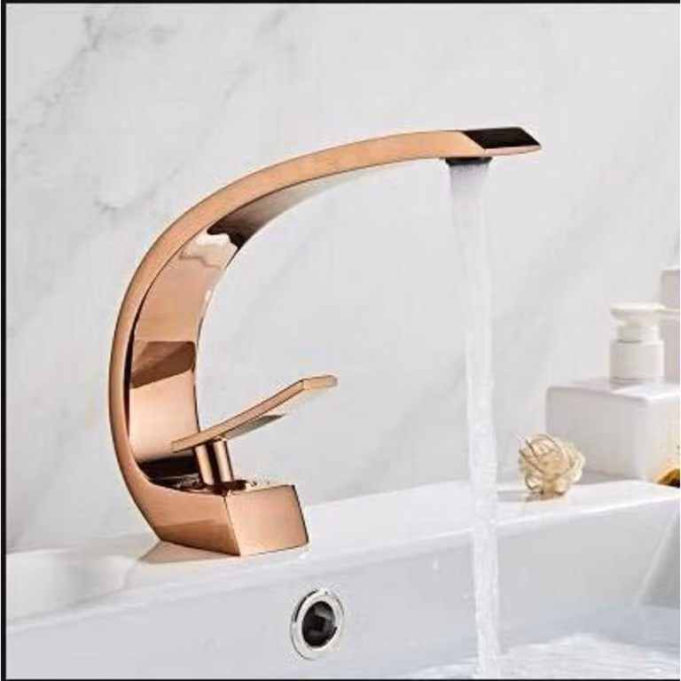 Miscelatore monocomando per lavabo da bagno, colore nero/oro rosa, in ottone, con valvola in Vetroceramica