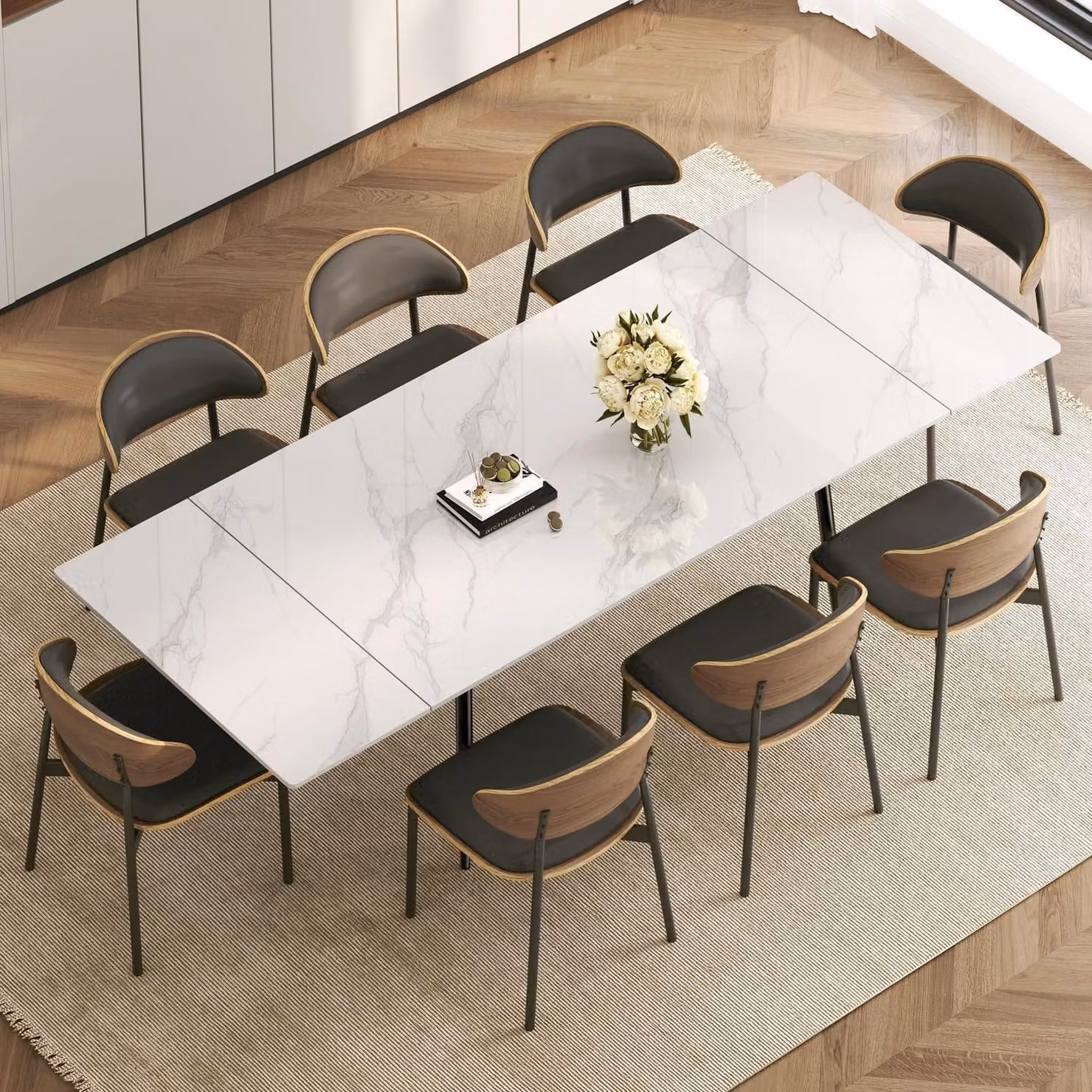 Tavolo da pranzo allungabile con 8 sedie, realizzato in pietra sinterizzata, dimensioni da 160 a 240 cm