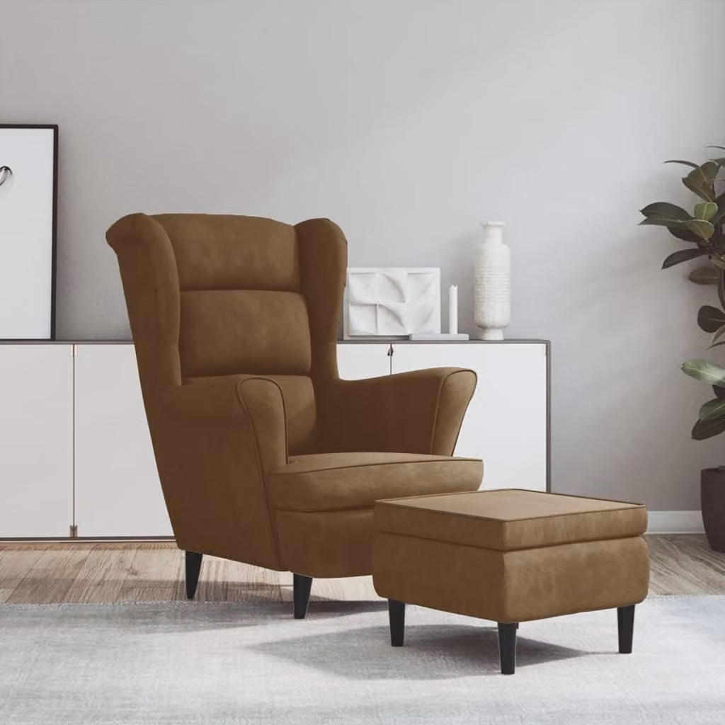 The Living Store sedia ad ala con poggiapiedi in velluto marrone