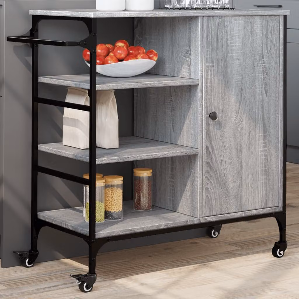 Carrello da cucina moderno vidaXL in legno e metallo, Grigio, L 87,5 cm x P 38,5 cm x H 84,5 cm