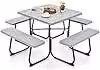Set Tavolo da Picnic Quadrato con 4 Panche per 8 Persone Costway Grigio con Telaio in Metallo e Foro per Ombrellone – 1
