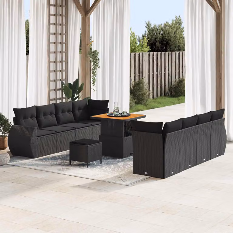 Set Divano da Giardino vidaXL 11 Pezzi in Polyrattan Nero con Cuscini e Tavolino