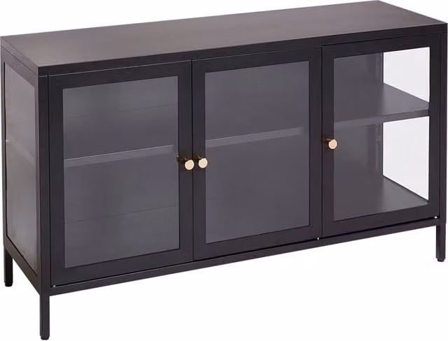Credenza a 3 ante in acciaio nero con vetro temperato, ripiani regolabili, tappi per le gambe, mobili per il soggiorno dal design moderno.