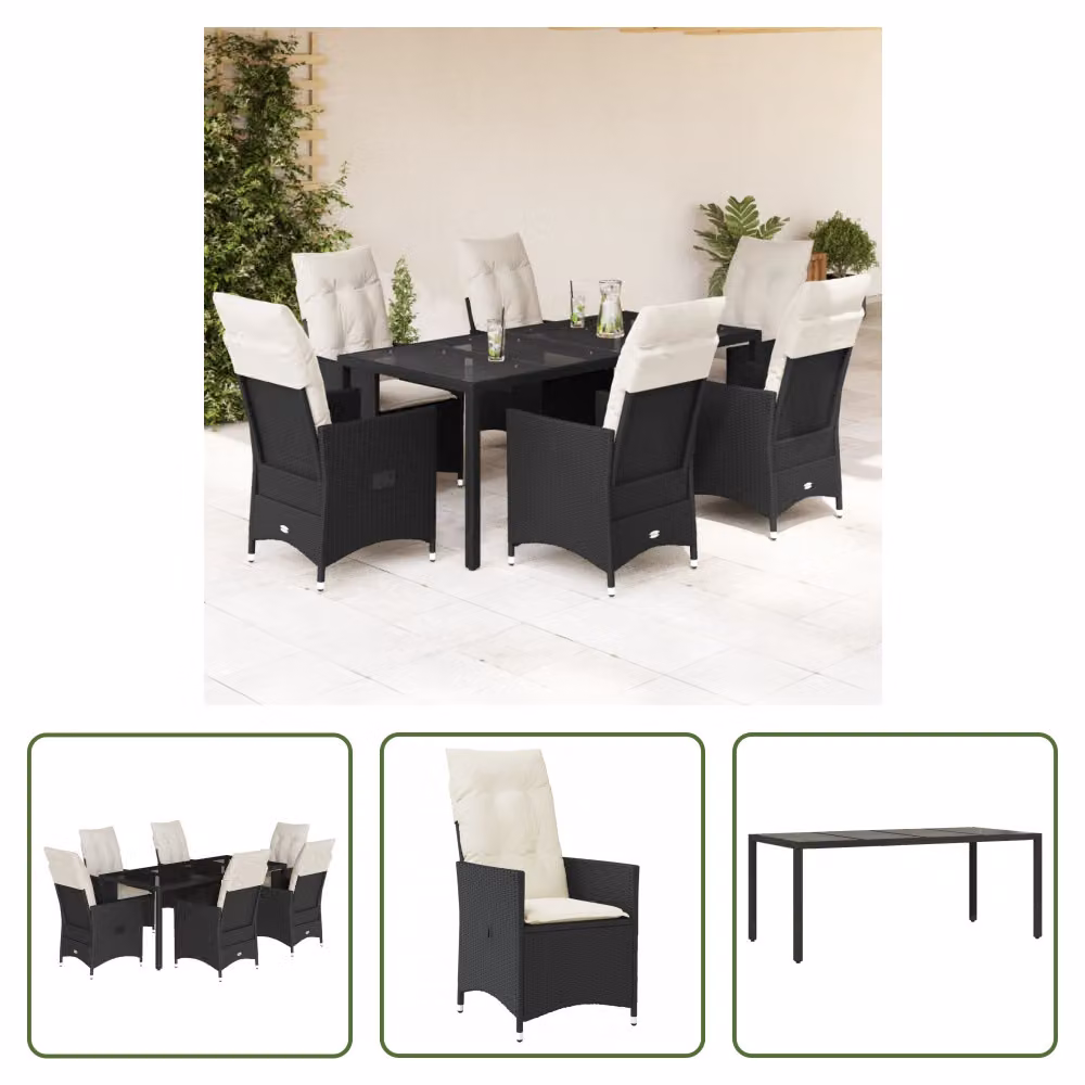 The Living Store Set da pranzo da giardino 7 pezzi con cuscini in polirattan nero