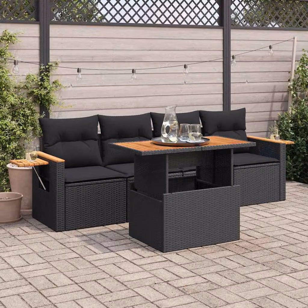 Maison Exclusive - Set Divani da Giardino 5 pz con Cuscini Nero Polyrattan Acacia