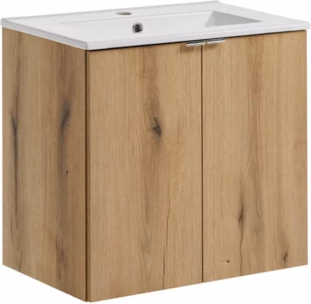 Set da bagno sospeso VANO effetto rovere 60cm: mobile sottolavabo con armadietti + lavabo incassato