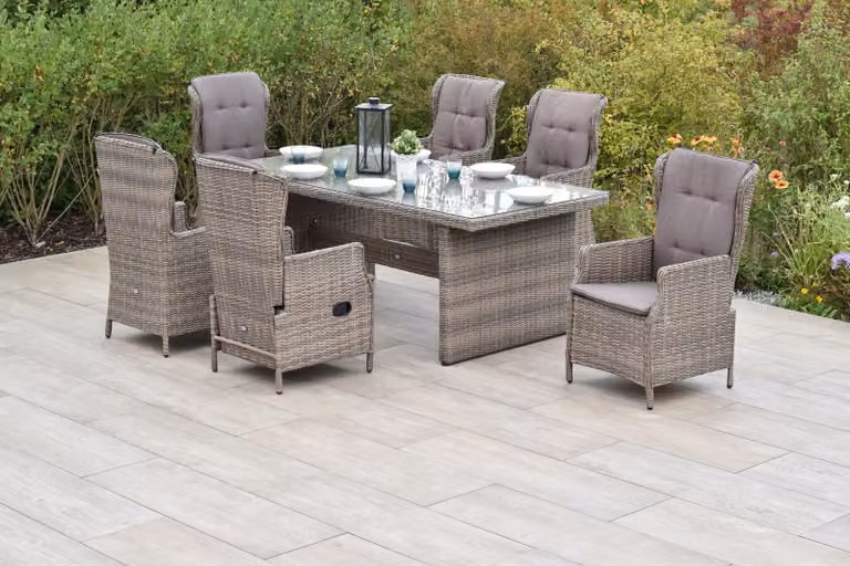 Set di mobili da giardino Merxx Riviera 13 pezzi, 4 poltrone con cuscini, 2 poltrone con molle a gas con cuscini, 1 tavolo 200 x 100 cm - acciaio/resina intrecciata