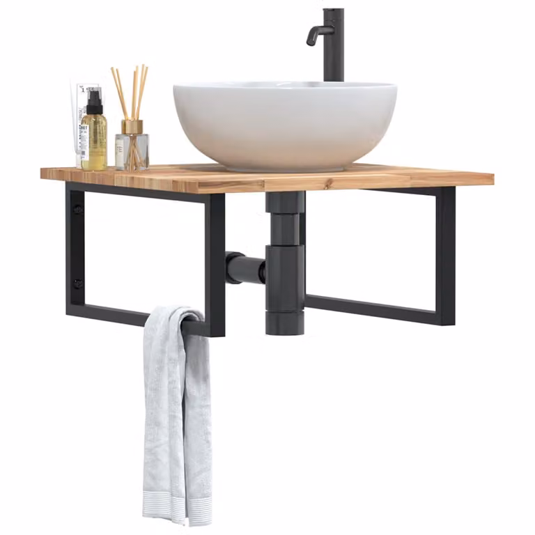vidaXL Ripiano a Parete per Lavabo in Accacia e Acciaio, Nero e Marrone, L: 60 cm, P: 27 cm