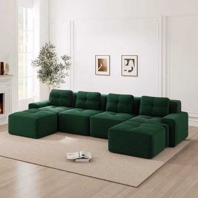 Divano Modulare Minimal con Chaise Longue a 4 Posti in Velluto a Coste Verde con Cuscini