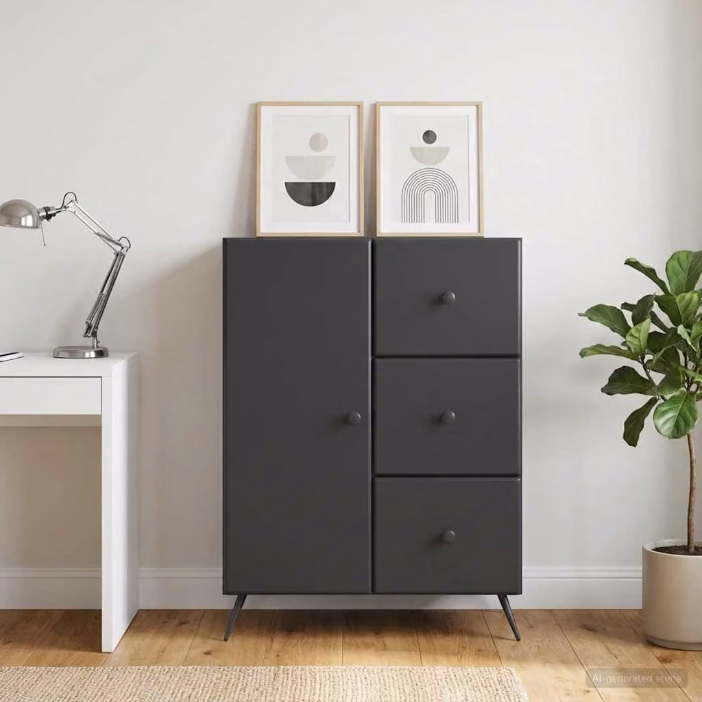 Credenza moderna vidaXL in legno ingegnerizzato e metallo, colore nero, L 66 cm x P 34,5 cm x H 90 cm