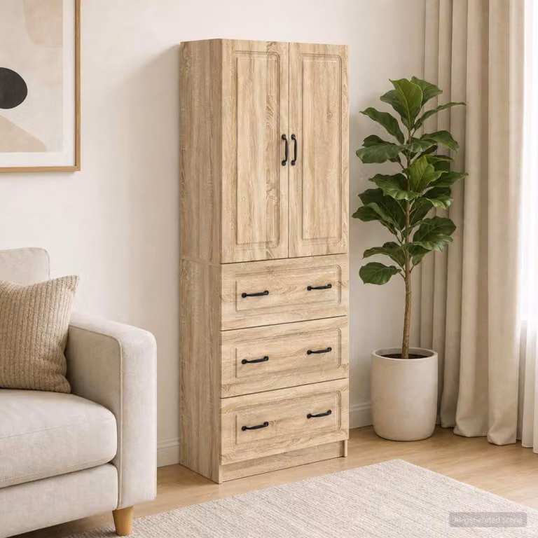Set di 2 armadi vidaXL con ante scorrevoli e cassetti in legno e metallo, beige e marrone, L/P/H: 66 x 34,5 x 87 cm