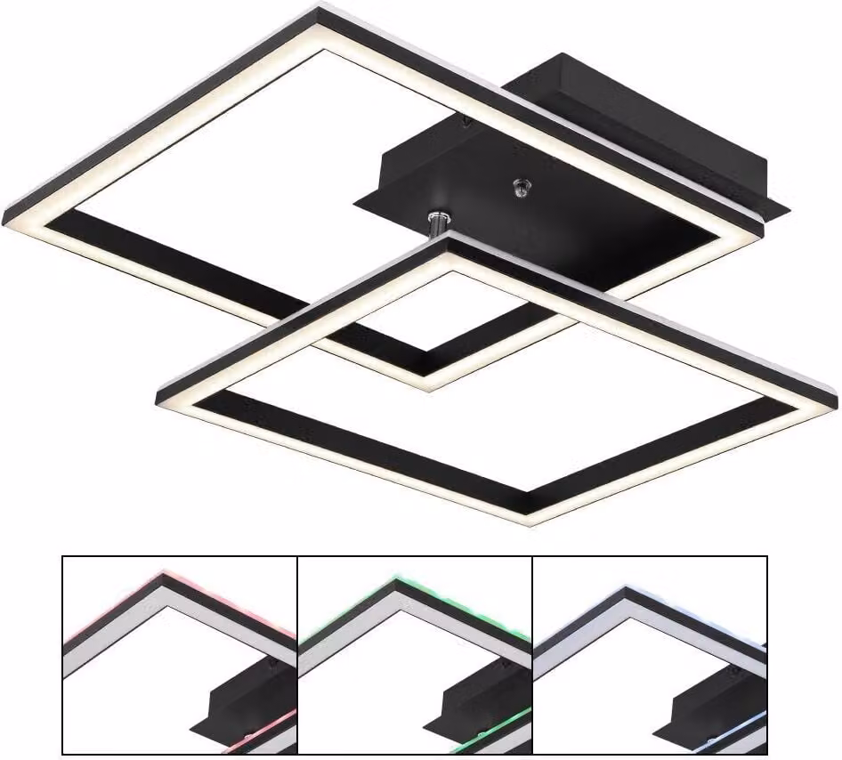 Globo Lighting plafoniera metallo nero opaco, acrilico opale, alluminio nero opaco, dimmerabile, diversi livelli tramite interruttore a parete, colori fissi, cambiacolori RGB, colori RGB fissi, effetto arcobaleno RGB, funzione memoria, luce notturna, time