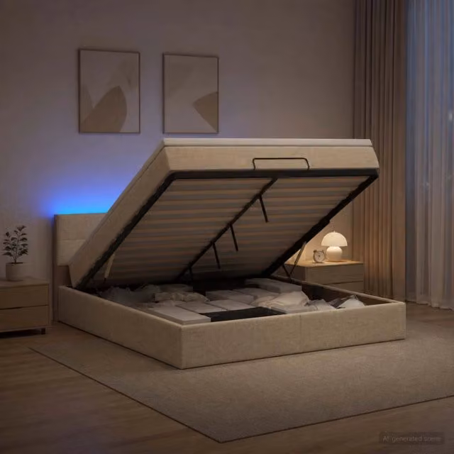 Letto Ottomano con Materasso Ibrido vidaXL in Tessuto Beige e Bianco con Illuminazione LED e Porte USB L/P/H: 203 x 160 x 88 cm – 1