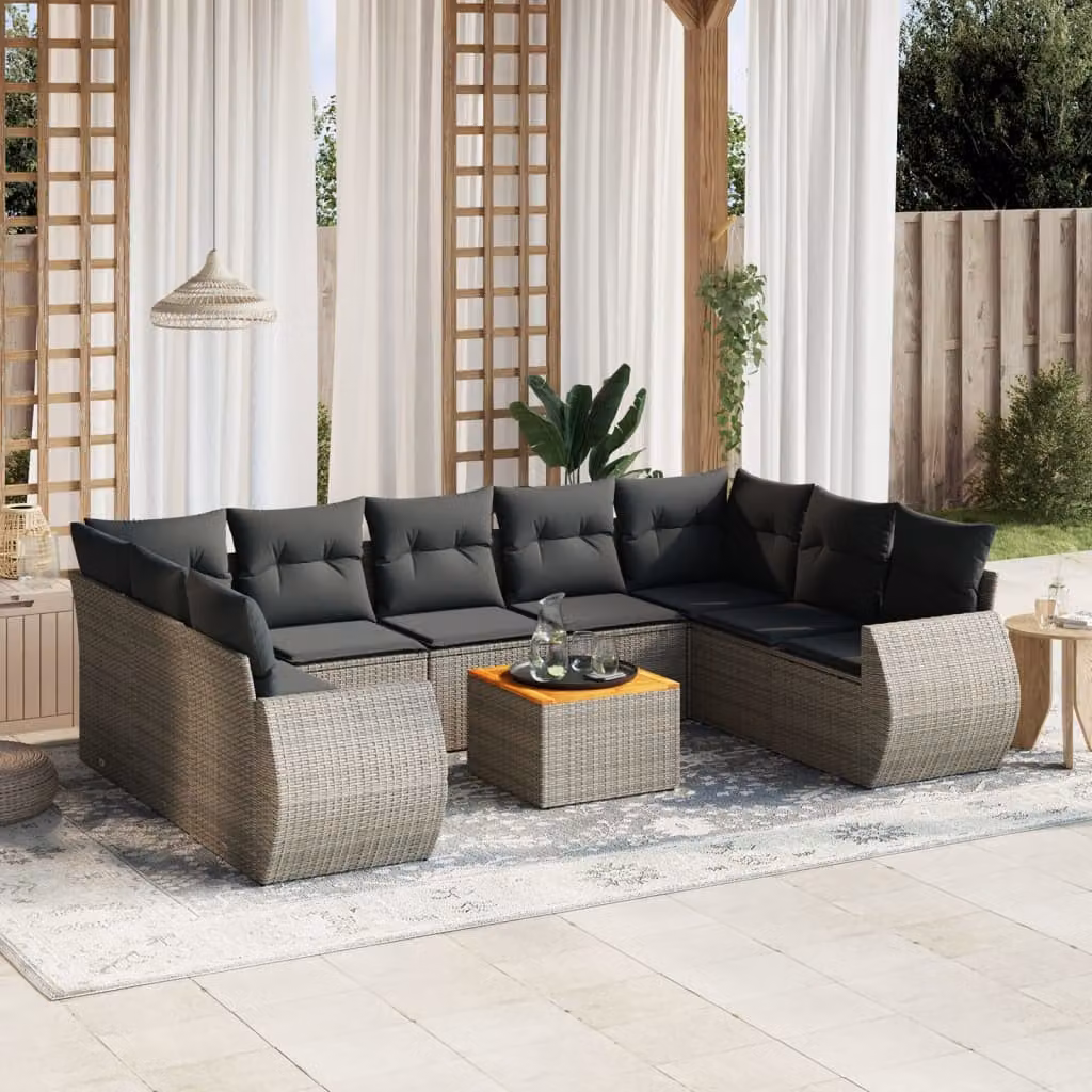 vidaXL Set Divano da Giardino 10 pz in Polyrattan Grigio con Cuscini e Tavolino – 1